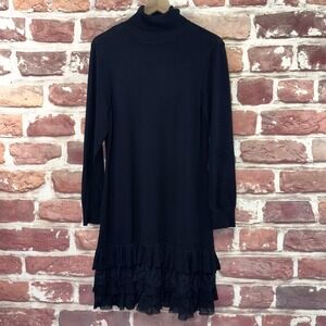 Venus Sweater Dress Women's XL Dark Blue Tiered Floral Lace Ruffle Hem Knit
